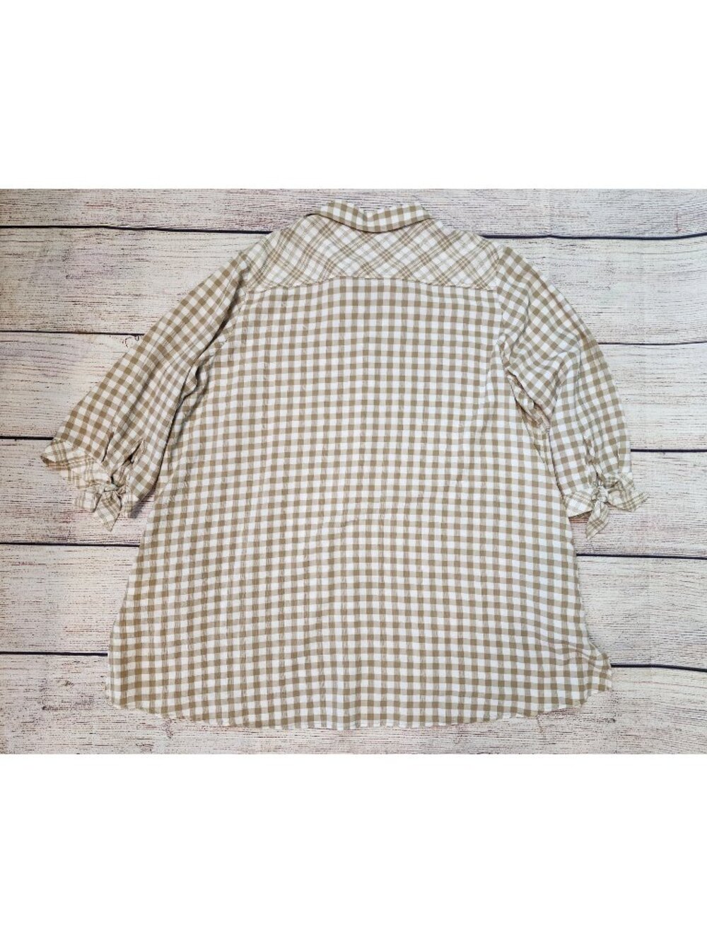 Susan Graver 2XL Yarn Dyed Gingham Button Front Shirt Tunic Raffia Tan Patchwork - Picture 9 of 12